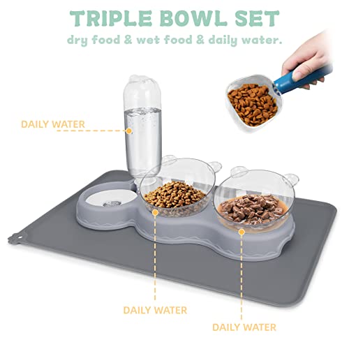 Triple Cat Bowls for Food and Water, YECERCAN Plastic Raised Cat Bowls with Automatic Water Bottle & Waterproof Mat for Ca...