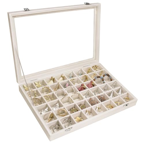 Siveit Velvet Jewelry Tray 48 Grid Jewelry Display Tray Organizer Box with Transparent Lid Rings Earrings Necklaces Pendan...