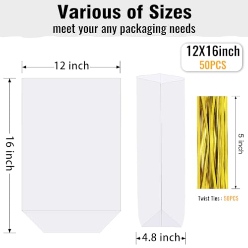 ZIMCEMS 50Pcs 12X16 inch Bottom Gusset Bags Clear Cellophane Gift Wrap Wrapping Plastic Large Cello Bags for Party Favors ...