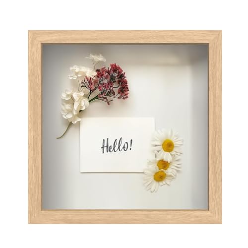 FrameWorks 11” x 11” Natural Oak Wooden Shadow Box Frame – Display Case with Soft Felt Back, Memory Box with Tempered Glas...
