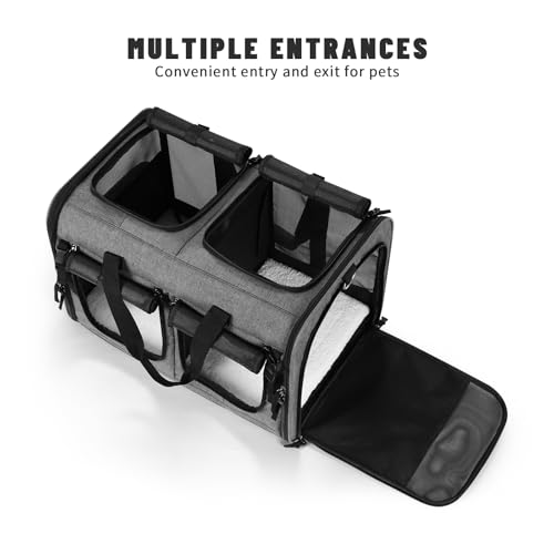 Groxkox Cat Carrier for 2 Cats, Foldable Double Cat and Dog Carrier, Small to Medium Size, 2 Front Zippered Compartments,T...
