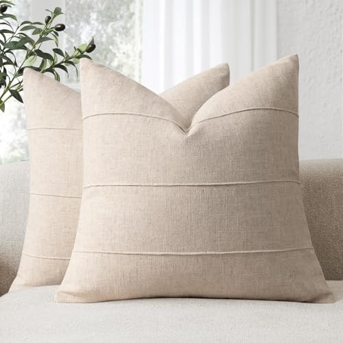 Decorative Linen Throw Pillow Covers 18x18 Set of 2 Solid handcrafted Striped Cushion Covers for Bed Soft Modern Farmhouse...