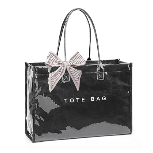 Lushandy PVC Tote Bag for Women, Large Plastic Tote Purse Work Kraft Paper Letter Print Shoulder Bag Carry All Hobo Handbag