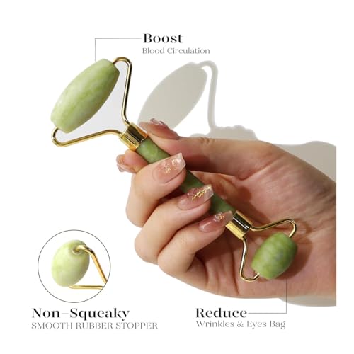 Jade Roller Gua Sha Facial Tools & Scraping Skin Care Tools Kit, Self Care Gift for Men Women (Green)