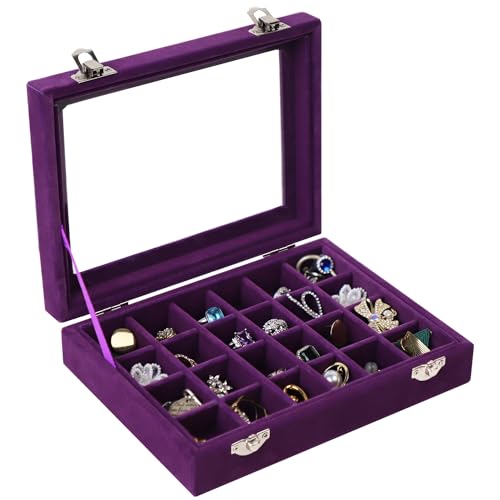 EONGOA Velvet Jewelry Box 24 Grid Jewelry Earrings Display Organiser Box Ring Tray Holder Earrings Storage Case for Girls ...