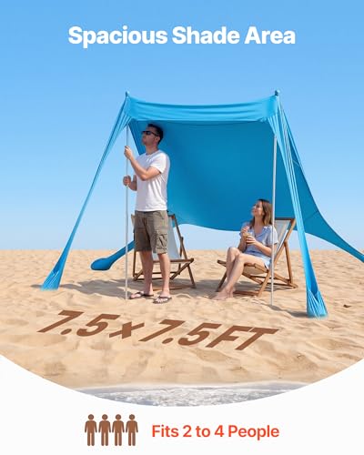 VEVOR Beach Tent Sun Shelter, UPF50+ Sun Protection, 6.6 ft Tall, 7.5x7.5 ft, Easy Pop Up Beach Canopy with Sandbags, Stab...