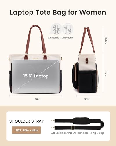 LOVEVOOK Laptop Lunch Bag Combo for Women, 15.6" Laptop Tote with Insulated Lunch Compartment & Cup Holder,Large Work Bag ...
