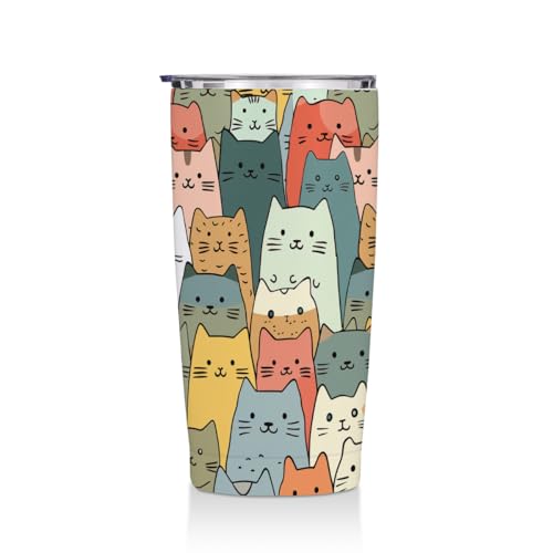 Cute Cat 20 oz Tumbler, Funny Cats Stainless Steel Insulated Water Bottle, Cats Themed Insulated Travel Coffee Mugs, Cat L...