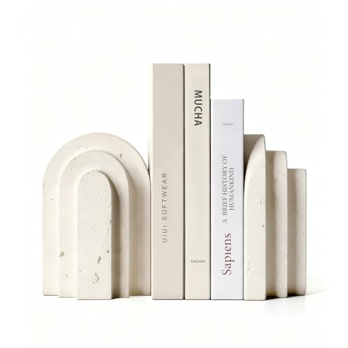 Havmorph Book Ends for Heavy Books, Beige Modern Pleasing Layered Arch Design Aesthetic Bookend Decorative, Concrete Book ...