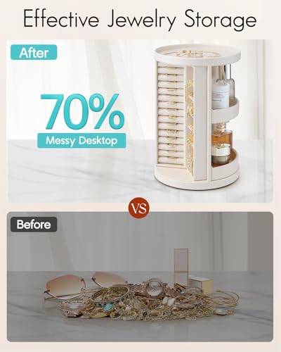 Vlando 360°Rotating Jewelry Box,Earring Organizer Large Vertical Jewelry Organizer with 6 Necklace Hooks, Open Ring Displa...