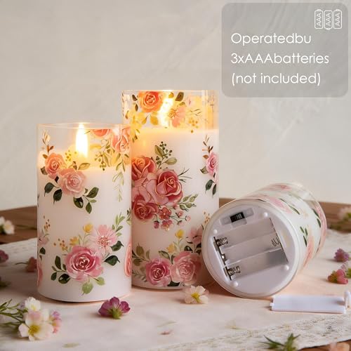 LUSHARBOR Flameless Candles with Remote, Battery Operated Glass Candles Pink Rose Flickering LED Candles Real Wax Floral C...