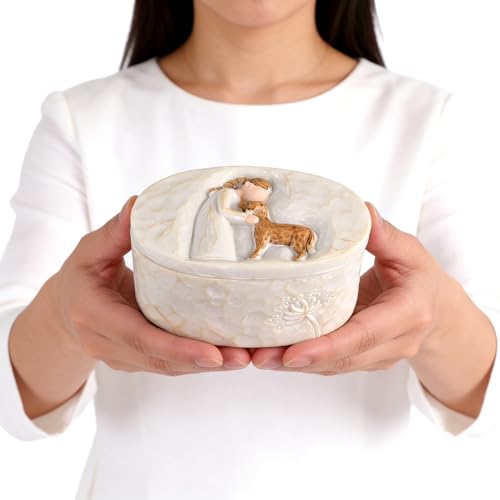 FriyGardcn Resin Keepsake Box Oval 3.82 Inch, Memorial Trinket Box for Dog Ashes Pet Hair Collar Tag, Engraved Girl with P...