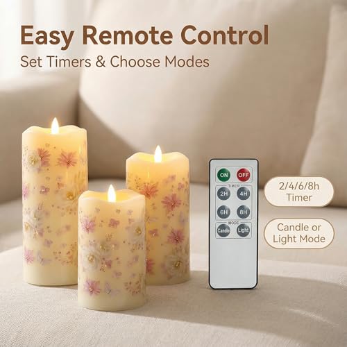 Eywamage Fiber Optic Flameless Pillar Candles with Remote, Floral Butterfly Spring LED Candles Flickering Easter Home Deco...