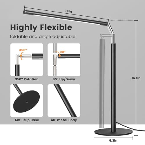 SIBRILLE Metal LED Desk Lamp, 16" Dimmable Desk Light with Base, 15W 1200LM, Adapter Included, Color & Brightness Adjustab...