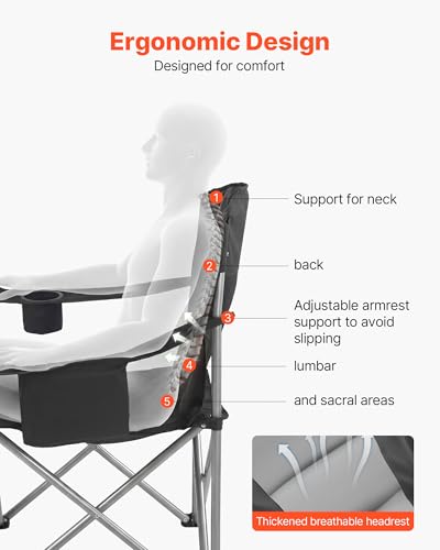VEVOR Oversized Camping Folding Chair, Portable Heavy Duty Outdoor Quad Lumbar Back Padded with Side Pockets, Cup Holder a...