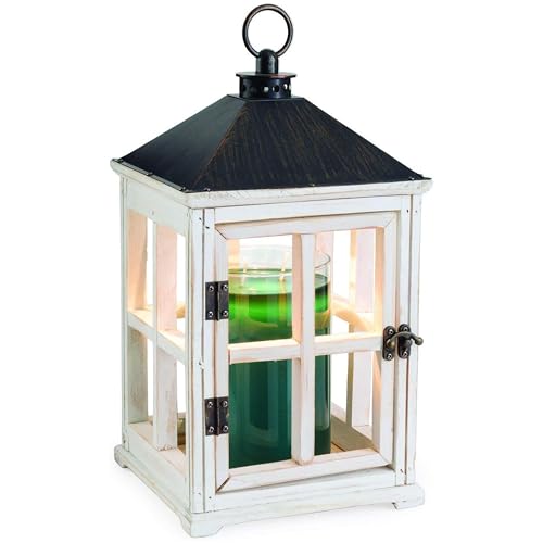 Candle Warmers Etc. White Wooden Farmhouse Candle Warmer Lantern – for Top-Down Warming & Flame-Free Fragrance