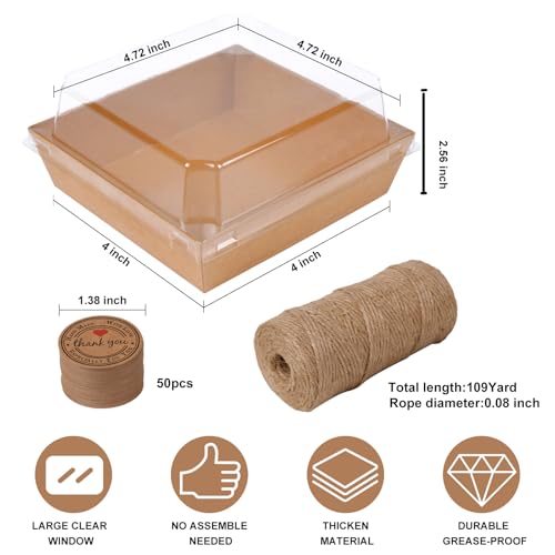 Kosotody 50 Pack Charcuterie Boxes with Clear Lids, 4 Inches Brown Oil-Proof Kraft Paper Food Containers Bakery Boxes for ...