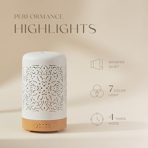 Earnest Living Essential Oil Diffuser White Ceramic Diffuser 100 ml Timers Night Lights and Auto Off Function Home Office ...