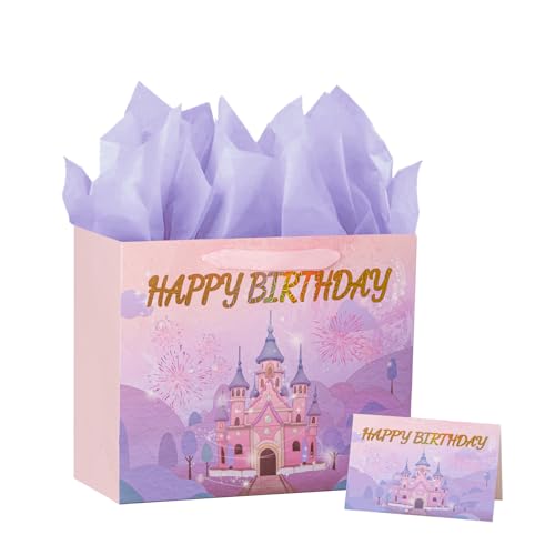 PrintGuru 13” Large Happy Birthday Gift Bag with Tissue Paper, Greeting Card and Ribbon Handles for Women Girls Kids Birth...