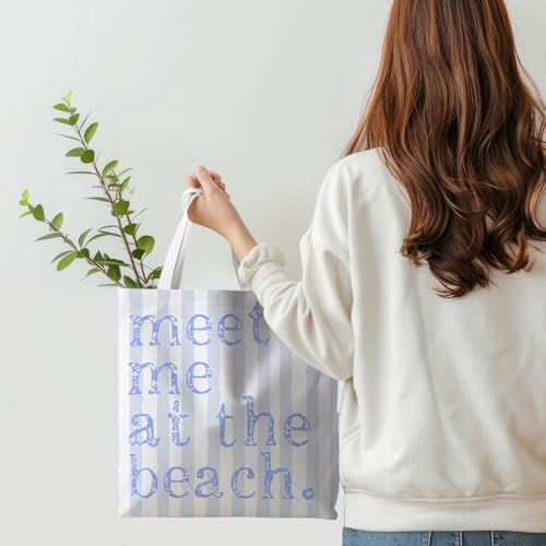 ignytiger Beach Tote Bag, Summer Canvas Striped Tote Bags for Women, Meet Me At The Beach Aesthetic Shopping Bag