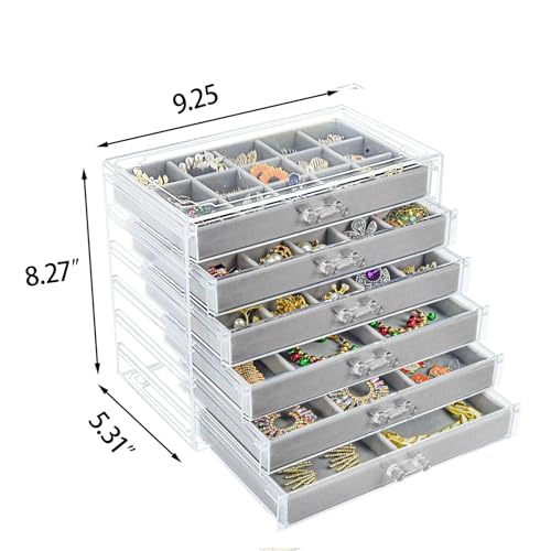 Watpot Acrylic Jewelry Box with 6 Drawers, Clear Earring Storage Organizer Display Case for Women Girls, Gray