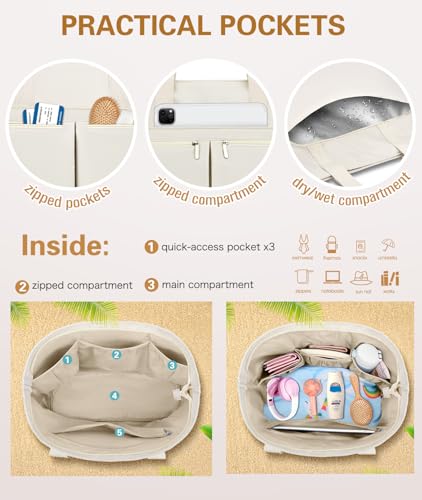 HUANLANG Large Beach Bags for Women Pool Bag with Zipper, Waterproof Sandproof Beach Tote Travel Bag with Wet Pocket | Wat...