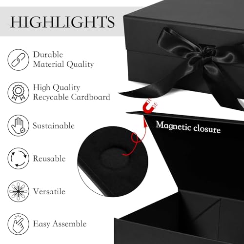 LFBOX Black Gift Box with Ribbon Magnetic Lids 10.2x9x3.74 in, Bridesmaid Groomsman Proposal Boxes, Wedding Graduation Sto...