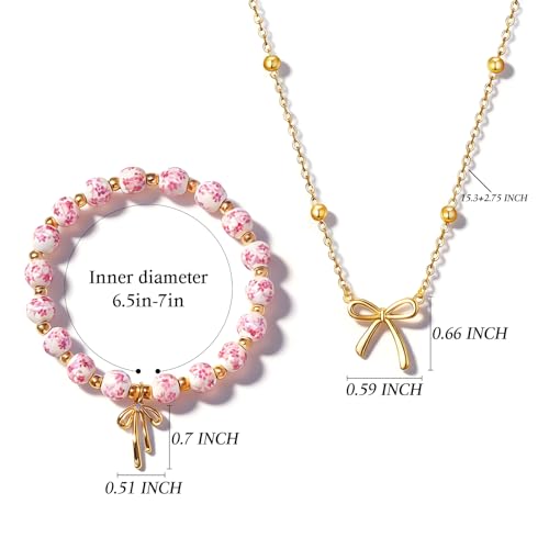 AUSGER Flower Beads Bow Charm Bracelet Necklace Set for Women, 14K Gold Beaded Gold Bow Bracelet Handmade Stretch Dainty R...