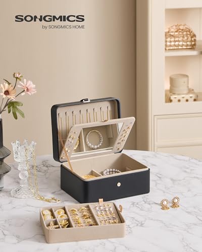 SONGMICS Jewelry Box Organizer with Mirror, 2-Layer Jewelry Holder Case, Removable Tray, 6.9 x 8.7 x 4.3 Inches, Earring N...