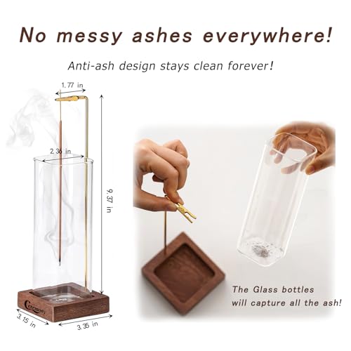 Ceremony Incense Holder, Wooden Incense Holder for Sticks with Glass Ash Catcher, Anti-ash Incense Burner with 20 Incense ...