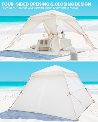 OutdoorMaster Updated Pop Up Beach Tent with Fringe for 4 Person, Easy Setup and Portable Beach Shade Sun Shelter Canopy w...