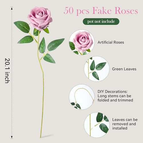 50 PCS Pink Roses Artificial Flowers, Real Looking Fake Roses with Long Stems Silk Flowers for DIY Wedding Bouquet Party C...