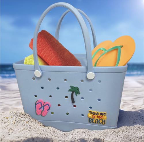 XL Waterproof Rubber Beach Tote Bag with Drainage Holes –Stylish Rubber Bag with Charms for Sand-Free Beach,Pool & Lake Days