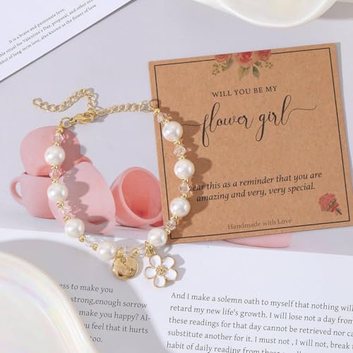 enasal Personalized Flower Girl Proposal Gifts, Will You Be My Flower Girl ? Initial A-Z Cute Shell Pearl Bracelet for Girls