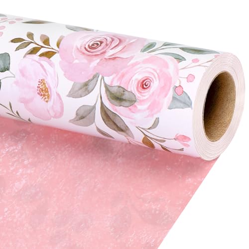 BIOBROWN Reversible Floral Wrapping Paper Roll - 17 Inches X 33 Feet (47 sq. ft. ttl.) Pink Watercolor Roses Design Flower...