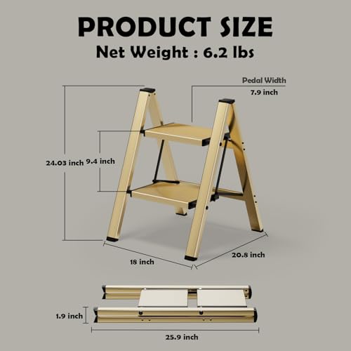 HillhutApex 2 Step Stool, Aluminum Foldable Step Ladder, Lightweight Stable Stool with Wide Non-Slip Pedals, 330lbs Bearin...