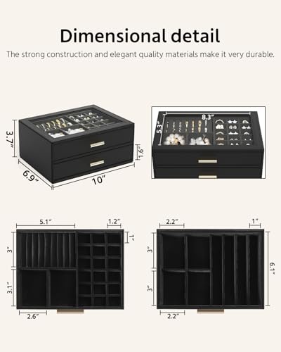 AKOZLIN Jewelry Box with Clear Lid Functional Leather Jewelry Storage Organizer Case 2 Drawers for Women Girls Necklace Ri...
