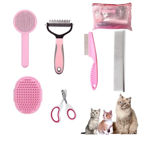 POSAPET Cat Grooming Brush Kit 6 Tools - Deshedding & Dematting for Long/Short Hair, Self-Cleaning Slicker Brush with 6-i...