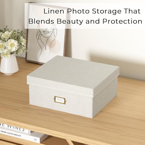 Decorative Photo Storage Box - Linen Photo Box Organizer with Dividers, Fits Holds Up to 1700 Pictures and 4x6 Photos, Mem...