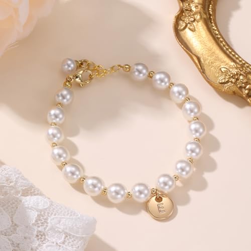 Miss Pink Initial Pearl Bracelet Flower Girl Bracelet Proposal Gifts for Girls, Dainty Gold Pearl Bracelets with Letter A-...