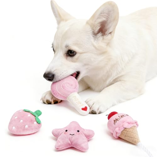 BMLTAQ Small Dog Toys, 4 Pack Pink Dog Squeak Toys, Puppy Toys for Small Dogs, Durable Plush Dog Toy Set, Soft Dog Chew To...
