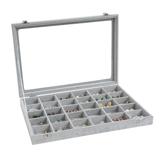 Wudygirl 30 Grid Jewelry Organizer Velvet Jewelry Box Jewelry Tray with Clear Lid Storage Case Showcase Display Stackable ...