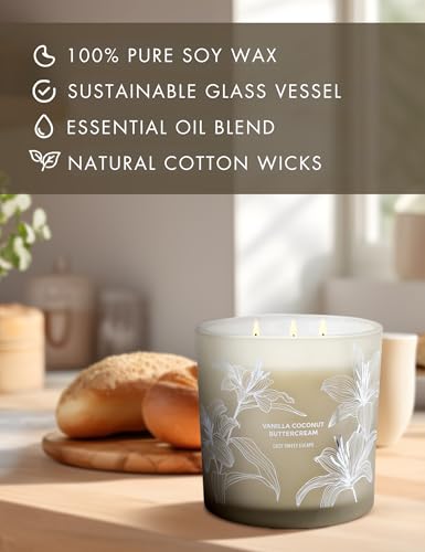 Vanilla Coconut Buttercream Candle, 14.5oz Large 3-Wick Soy Scented Candles for Home, Vanilla Cupcake Candle, Long Lasting...