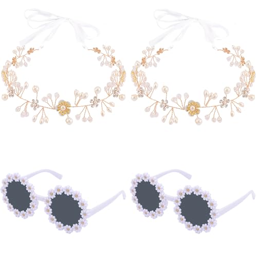 Srotmirw 4 Pcs Flower Girl Proposal Set Flower Girls Gifts Including Flower Girl Pearl Headpiece Round Flower Sunglasses f...