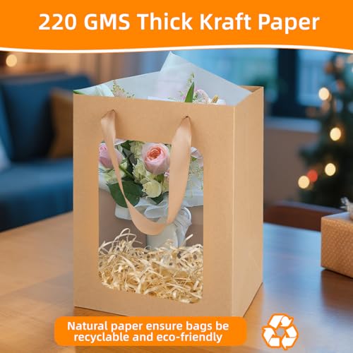 MOXARYSU 12 Pcs Brown Gift Bags with Clear Window: 9.8x5.1x7.1 Inch Small Medium Kraft Paper Bags with Handle For Party Bu...