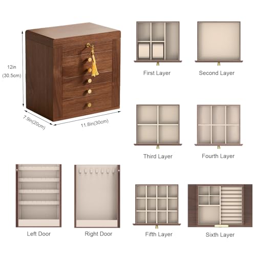 Homruilink Black Walnut Wooden Jewelry Box, Wood Jewelry Organizer with 2 Side Doors Mirror Lockable Classical Style for W...