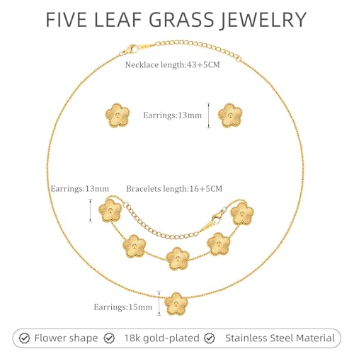 Gold Necklaces Bracelets Earring Set - 18K Gold Plated Flower Bracelet Chain,Stainless Steel Non Tarnish Floral Pendant St...