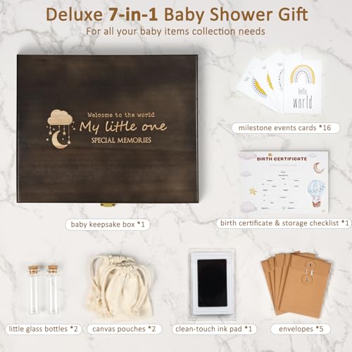 Baby Keepsake Box Wooden with 6 Additional Items - Baby Shower Gifts for Girls Boys New Mom, Newborn Essentials Must Haves...