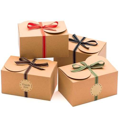 Large Brown Kraft Cookie Boxes with Ribbons & Sticker (20 Pack) 9” x 5.5” Decorative Craft Gift Boxes for Baked Goods, Can...