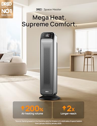 DREO Space Heater Indoor, 25" 11.5ft/s Fast Portable Room Heater with Remote and Thermostat, 3 Modes, Overheating & Tip-Ov...